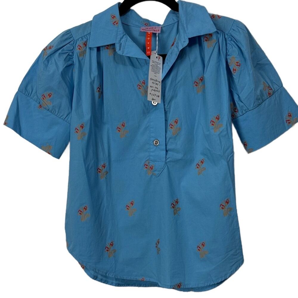 Never A Wallflower Sky Blue Blouse with Red Floral Accents Women's XS